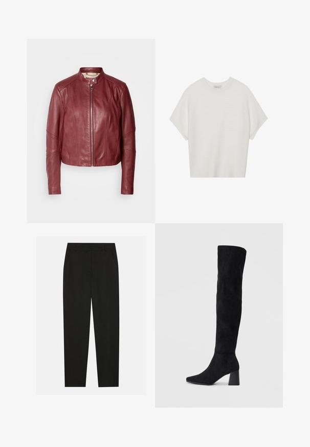 Burgundska usnjena kratka jakna z visokim ovratnikom, sprednjim zadrgo in šivnimi detajli na rokavih in telesu. Gladka tekstura z oprijetim dizajnom.; Bela majica s kratkimi rokavi in širokim ovratnikom ter teksturiranim rebrastim vzorcem, izdelana iz mehke tkanine, z udobnim krojem in čistim dizajnom.; Črne hlače z oblikovanim krojem, ki imajo stranske žepke in ravno nogavico. Narejene so iz gladkega, lahkotnega materiala z elegantnim zaključkom.; Črne semiš škornje do kolen z blok peto, s koničastim nosom in gladkim, brezšivnim dizajnom na enostavni svetli podlagi.