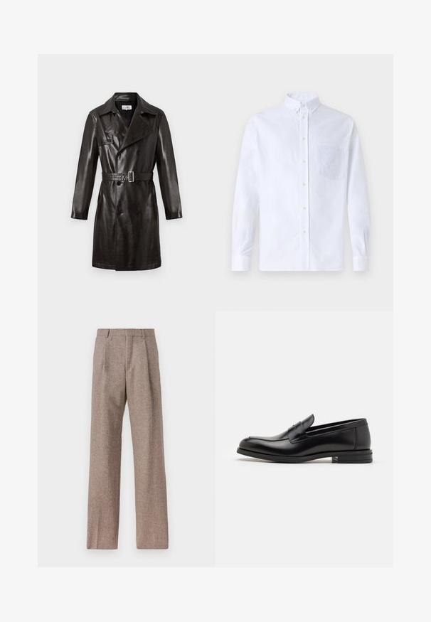 Melnā ādas divpusējā trenčmēte ar jostu viduklī, norādītu apkakli un garām piedurknēm. Gluda tekstūra, minimāls aparatūras detaļu klāsts.; Balts garo piedurknēm krekliņš ar pogām, izgatavots no kokvilnas, ar krūšu kabatu ar tonālu izšuvumu, apkakli un pogām pie piedurknēm.; Brūni, augstos šortos izgatavoti no teksturēta auduma. Iezīmē plašas kājas un divas priekšējās krokas, kas nodrošina struktūru. Kārtīga apdare bez redzamām detaļām.; Melnas ādas kurpes ar gludu tekstūru, noapaļu purngalu un dekoratīvu siksniņu pāri priekšpusei. Zems sakrauts papēdis, minimālisma dizains.