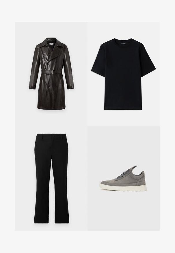 Juodas odinis dvigubos sagos paltas su diržo juosmeniu, smailiu apykakle ir ilgomis rankovėmis. Lygus paviršius, minimalus detalės.; Juodas medvilnės marškinėliai su apykakle ir trumpomis rankovėmis. Su subtiliu logotipo siuvinėjimu kairėje krūtinės pusėje. Lygus, glotnus paviršius.; Juodos plačios kelnės, pagamintos iš medvilnės mišinio, su mygtukų uždarymu, diržo kilpomis ir lygia tekstūra be matomų raštų.; Pilki zomšiniai sportbačiai su tekstūruotu paviršiumi, turintys baltą guminį padu, apvalias raišteles ir žemą dizainą.