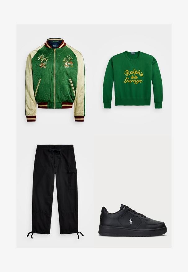 Grön quiltad bomberjacka med beige satinärmar, broderade palmträd och båtar, ribbad vinröd och gulddetaljer, samt framfickor.; Grön sweatshirt med rundad halsringning, med gulbroderad text "Ralph’s Garage" och rutigt flaggmönster. Material i bomullsblandning.; Svarta cargobyxor med elastisk midja och dragsko. Har sidofickor och justerbara muddar med dragkedjor. Tillverkad av lättviktig tyg.; Svarta lädersneakers med perforerat mönster, platt snörning och en vit broderad logotyp på sidan. Tjock svart gummisula.