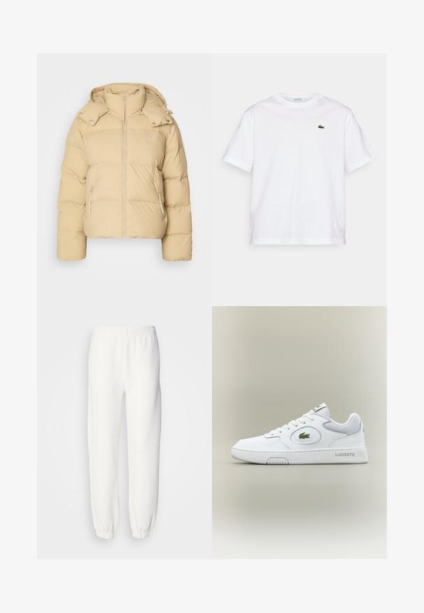 Bež jakna s punjenjem i visokim ovratnikom, kapuljačom i patentnim zatvaračem sprijeda. Ima kvadratne odjeljke i bočne džepove; napravljena je od glatkog, mekanog materijala.; Bijela pamučna majica s okruglim izrezom i kratkim rukavima. Ima zeleni izvezeni logo na prsima. Mekana tekstura, opušteni kroj.; Bijele dukserice od mekog, pletenog materijala. Elastična pojas i manžetne pružaju opuštenu siluetu. Minimalistički dizajn, bez vidljivih uzoraka ili detalja.; Bijele kožne tenisice s mrežastim detaljima, okruglim vrhom i ravnim vezicama. Imaju zeleni krokodil logo i "LACOSTE" marku na peti.