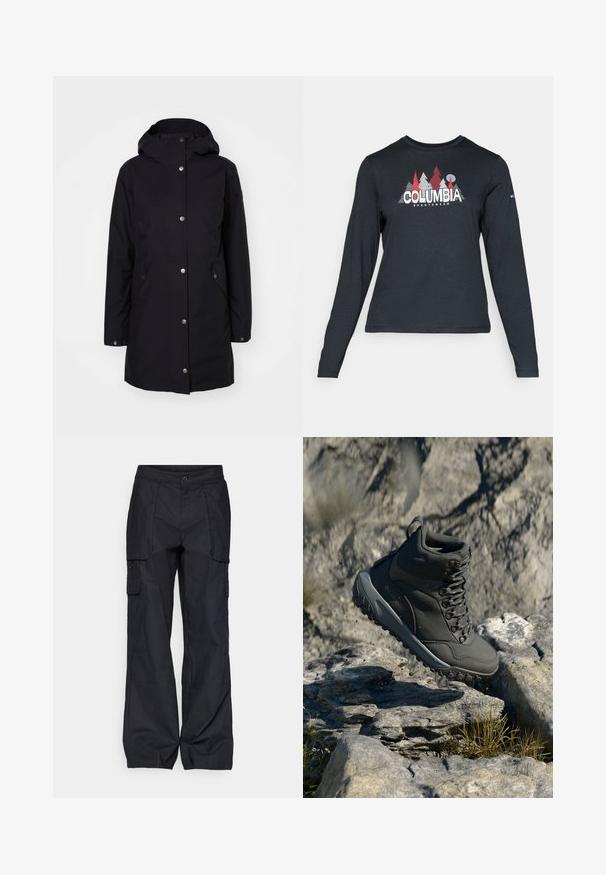 Sort vandtæt jakke med hætte, trykknaplukning, sidelommer og lige skæring. Glat tekstur og minimalistisk design.; Langærmet mørkegrå skjorte med grafik af røde træer og bjerge; "COLUMBIA" logo i fed hvid tekst. Blødt stof, standard rund hals.; Columbia BREA FALLS™ COTTON RIPSTOP PANT - Outdoorbukser - black; Mørkegrå vandrestøvle lavet af syntetisk materiale, med en polstret krave, metaløjer og en struktureret gummisål for greb.