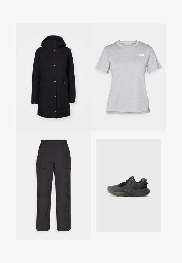 Black waterproof jacket with a hood, press-stud fastenings, side pockets, and a straight cut. Smooth texture and minimalistic design.; Grey short-sleeve t-shirt made of soft, moisture-wicking fabric. Features a crew neck and a small white logo on the upper left.; Black cargo pants made of durable fabric, featuring multiple side pockets, a button closure, and a loose fit with straight legs.; Columbia TERRASTRIDE CRZ - Hiking shoes - shark/black