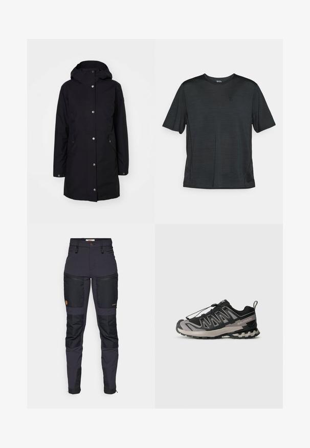 Schwarze wasserdichte Jacke mit Kapuze, Druckknopf-Verschlüssen, Seitentaschen und geradem Schnitt. Glatte Textur und minimalistisches Design.; Schwarzes, kurzärmliges Sportshirt aus leichtem, feuchtigkeitstransportierendem Material. Mit einem runden Ausschnitt und einem kleinen Logo auf der Brust.; Dunkelgraue Hose mit schwarzen verstärkten Flicken. Merkmale sind Reißverschlusstaschen, eine taillierte Passform und eine strapazierfähige Stoffstruktur.; Schwarzer und grauer Sportschuh mit einem Obermaterial aus Mesh, Gummisohle und elastischem Schnürsystem. Verfügt über eine verstärkte Zehenkappe und strukturierte Akzente.