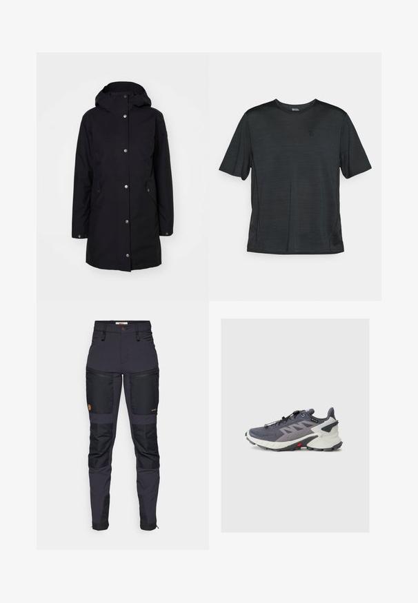 Černá voděodolná bunda s kapucí, patentními knoflíky, bočními kapsami a rovný střih. Hladká textura a minimalistický design.; Černé sportovní tričko s krátkým rukávem vyrobené z lehkého, vlhkost-odpudivého materiálu. Má kulatý výstřih a malé logo na hrudi.; Tmavě šedé kalhoty s černými zesílenými záplatami. Mezi vlastnosti patří kapsy na zip, přiléhavý střih a odolná textilie.; Šedá a námořnická sportovní bota s síťovaným svrškem, rock plate, černou podrážkou a červenými akcenty. Vybavena rychlým systémem šněrování a polstrovaným límcem.