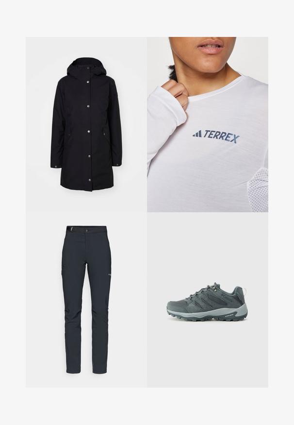 Zwarte waterdichte jas met een capuchon, drukknoopsluitingen, zijzakken en een rechte snit. Gladde textuur en minimalistisch ontwerp.; Witte blouse met lange mouwen met een blauwe "TERREX" logo. De stof is lichtgewicht met textuur-mesh accenten op de schouders.; Heren buitenbroeken, donkergrijs, gemaakt van flexibel materiaal, met een riem, ritszakken en verstevigde stiksels.; Donkergrijze wandelschoenen met bovenwerk van mesh en suede, vetersluiting, gevoerde zool en robuuste buitenzool met grippatroon.