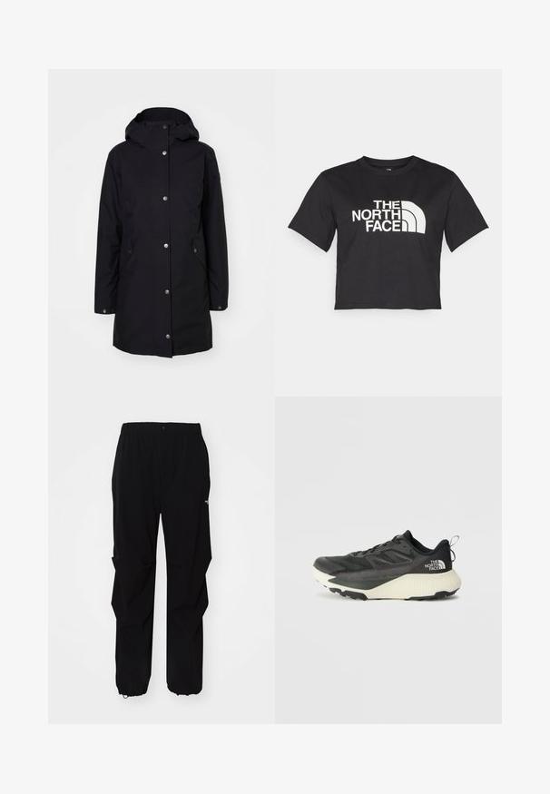 Mustmust mustjama, millel on kapuuts, rõngastootega kinnitused, küljetaskud ja sirge lõige. Sujuv tekstuur ja minimalistlik disain.; Must must kleidend t-särk, millel on valge logo ja kõverad aktsendid, esiküljel tekst "THE NORTH FACE". Lühikesed varrukad, ümar kaelus.; Mustad must outdoor püksid, valmistatud vastupidavast materjalist, millel on mugav lõige, elastne vöökoht ja reguleeritavad varrukaotsad.; Musty mustusjalats musta pealisega, millel on tekstuur, hallid aktsendid ja valge vaheosa. Sisaldab tõmbeosa ning silmapaistvat brändi logo kandadel.