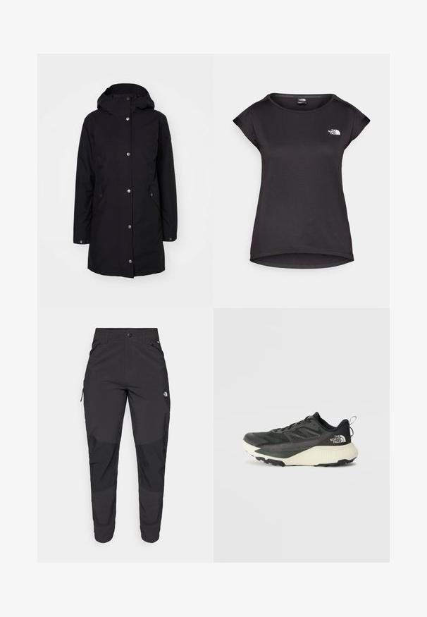 Veste imperméable noire avec capuche, fermetures à pressions, poches latérales et coupe droite. Texture lisse et design minimaliste.; The North Face TANKEN TANK - T-shirt de sport - black; Pantalons noirs d'extérieur en tissu durable. Dotés de poches zippées, de panneaux de genoux renforcés et d'une coupe droite pour une meilleure mobilité.; Chaussure de sport noire avec une tige texturée, dotée d'accents gris et d'une semelle intermédiaire blanche. Comprend une languette et un logo de marque bien visible à l'arrière.
