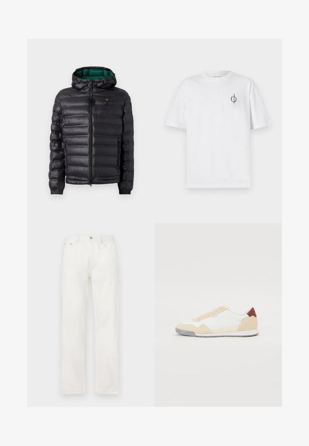 Melnā pūkainā jakā ar kvadrātu dizainu, kapuci un zaļu iekšpusi. Tam ir centrāla rāvējslēdzēja aizdare un logotipa apdare augšējā priekšā.; Bāla kokvilnas t-kreklu ar brīvu piegulšanu, kuram uz kreisā krūšu apvidus ir neliels melns grafiskais logotips. Īsas piedurknes, apaļas kakla izgriezums.; Baltas džinsu audums ar taisnu kāju, pogu un rāvējslēdzēja aizdari, piecu kabatu dizainu un bez redzamām rakstiem vai akcentiem.; Tenisa apavi ar baltu sietu augšdaļu, beigu zamša akcentiem un sarkanu ādas papēža detaļu. Gumijas zole ar strukturētiem rakstiem, lai nodrošinātu saķeri.