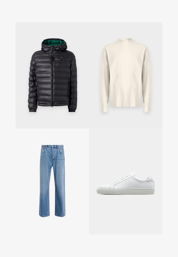 Black padded jacket with a hood, featuring a glossy finish, green lining, zip closure, and elastic cuffs. Includes branded logo on chest.; Long-sleeve, mock-neck shirt in light cream cotton. Smooth texture, relaxed fit, minimalist design, no visible patterns or accents.; Light blue denim jeans with a straight-leg design, five pockets, button closure, minimal fading, and contrasting stitching details.; White sneaker with a smooth leather upper and a low profile. Features a rounded toe, six eyelets, and a textured rubber sole.
