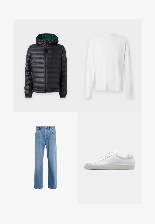 Black puffer jacket with a quilted design, hood, and green interior. Features a central zipper and logo detailing on the upper front.; Long-sleeved white cotton shirt with a round neckline, side slits at the bottom, and a smooth texture, displayed from the back.; Light blue denim jeans with a straight-leg design, five pockets, button closure, minimal fading, and contrasting stitching details.; White sneaker with a smooth leather upper and a low profile. Features a rounded toe, six eyelets, and a textured rubber sole.