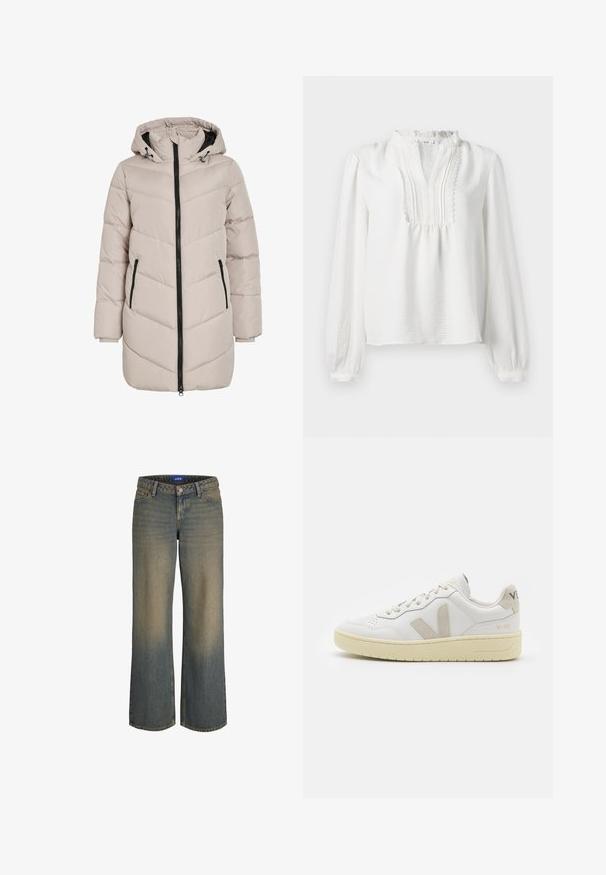 Lys beige polstret kåpe med hette, med chevron-design, svart glidelås og to sidelommer. Stoffet har en jevn tekstur.; Hvit langermet bluse med volanghalser, plisserte frontdetaljer og elastiske mansjetter. Mykt stoff med en lett strukturert overflate.; Viddebukser i blå denim med en lys til mørk gradient, fem-lommer design og knappestolpe. Sømdetaljer på kantene.; Hvite lær sneakers med beige semsket detaljer, perforert tåboks, flate lisser og en teksturert kremfarget såle. Har subtil branding på hælen.