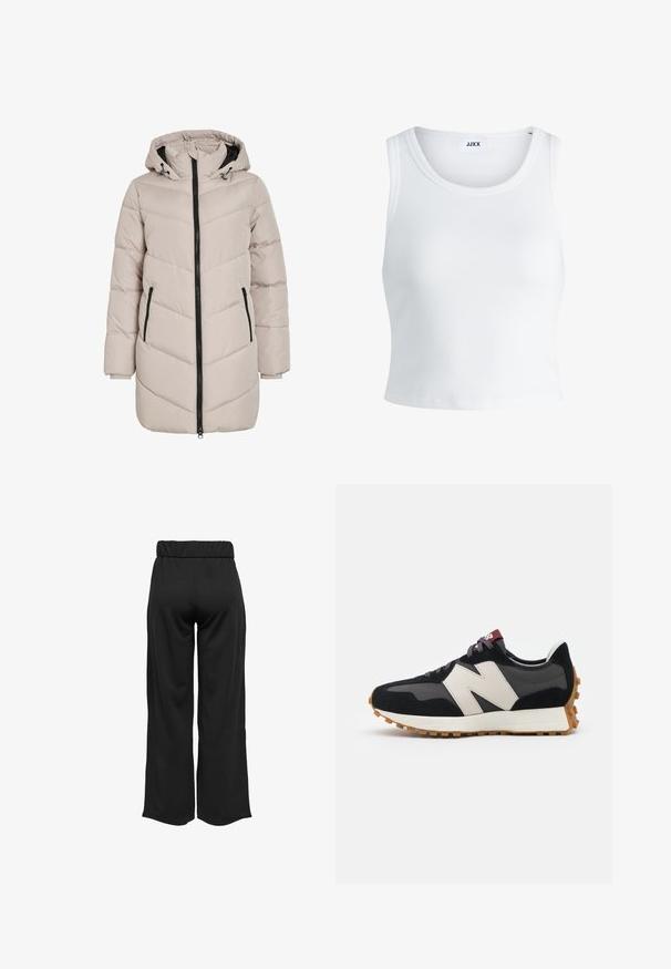 Lys beige polstret kåpe med hette, med chevron-design, svart glidelås og to sidelommer. Stoffet har en jevn tekstur.; Hvit ribbestrikket tank topp med rund hals, uten ermer og croppe lengde. Merket leser "JJXX." Glatt stoff tekstur.; Svarte, vide bukser med elastisk midje, laget av glatt stoff. Har et rent design uten lommer eller synlige sømmer.; Sorte og grå sued sneakers med et stort cremefarvet "N" logo, lilla snørebånd og en tekstureret gummisål.