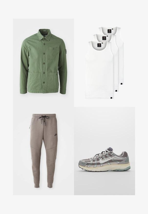 Green cotton jacket with a collar, front button closure, and two large front pockets. Features one chest pocket and a logo patch on the sleeve.; Three white ribbed tank tops made of cotton. Features a crew neck and small black labels near the hem. Available in multiple sizes.; Gray Nike sweatpants with a drawstring waistband, tapered legs, side pockets, and distinct seam detailing. Soft, textured fabric.; Gray athletic shoe featuring a mesh and suede upper, white accents, a cushioned sole, and a distinctive design with reflective elements.