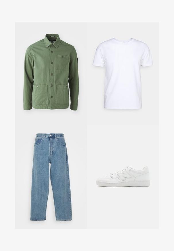Green cotton jacket with a collar, front button closure, and two large front pockets. Features one chest pocket and a logo patch on the sleeve.; White short-sleeve t-shirt in cotton fabric with a round neckline. Simple design with no patterns or accents. Smooth texture.; Light blue denim jeans with a high-waist, relaxed fit, featuring two front pockets, a back patch pocket, and a button closure.; White sneaker made of smooth leather, featuring perforated toe, a textured rubber sole, flat laces, and a prominent 'N' logo on the side.