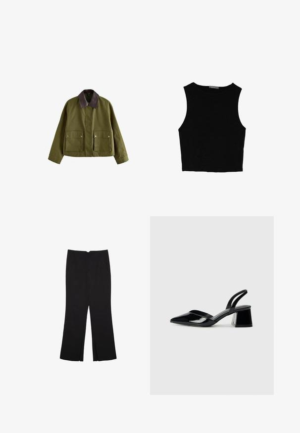 Olivgrüne Jacke mit einem braunen Lederkragen, ausgestattet mit zwei vorderen Taschen, einem Reißverschluss und einer lockeren Passform. Glatte Textur.; Schwarzes ärmelloses Crop-Top aus glattem Stoff, mit rundem Ausschnitt und einem klaren, schlichten Design ohne Muster oder Beschläge.; Schwarze Hose mit geradem Schnitt, ausgestattet mit Fronttaschen und Seitenschlitzen am Saum. Hergestellt aus weichem, glattem Stoff. Geeignet für verschiedene Anlässe.; Schwarze Lackleder-Slingback-High Heels mit spitzem Schuh und einem geometrischen Blockabsatz. Verfügt über ein schlankes, minimalistisches Design und eine glatte Textur.