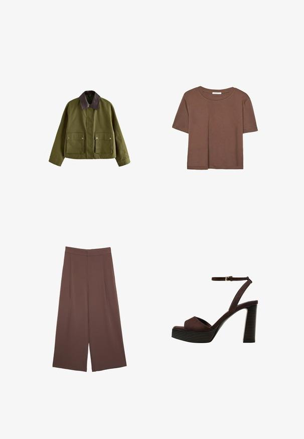 Giacca verde oliva con colletto in pelle marrone, dotata di due tasche anteriori, chiusura con zip e vestibilità comoda. Tessuto liscio.; Maglietta a maniche corte marrone realizzata in tessuto morbido, con scollatura rotonda e vestibilità rilassata. Nessun motivo o dettaglio visibile.; Pantaloni ampi marroni con una texture liscia, caratterizzati da una vita alta e pieghe frontali. Il tessuto è leggero e scorre liberamente.; Sandal in camoscio marrone con tacco alto, punta aperta, cinturino alla caviglia regolabile e suola a piattaforma striata.