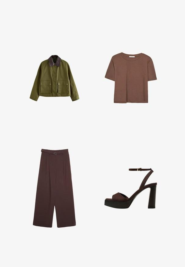 Olive green jacket with a brown leather collar, featuring two front pockets, a zip closure, and a relaxed fit. Smooth texture.; Brown short-sleeve t-shirt made of soft fabric, with a round neckline and relaxed fit. No visible patterns or accents.; Stradivarius WIDE-LEG WITH BUCKLE DETAIL - Trousers - dark brown; Brown suede high-heeled sandal with an open toe, adjustable ankle strap, and a striped platform sole.