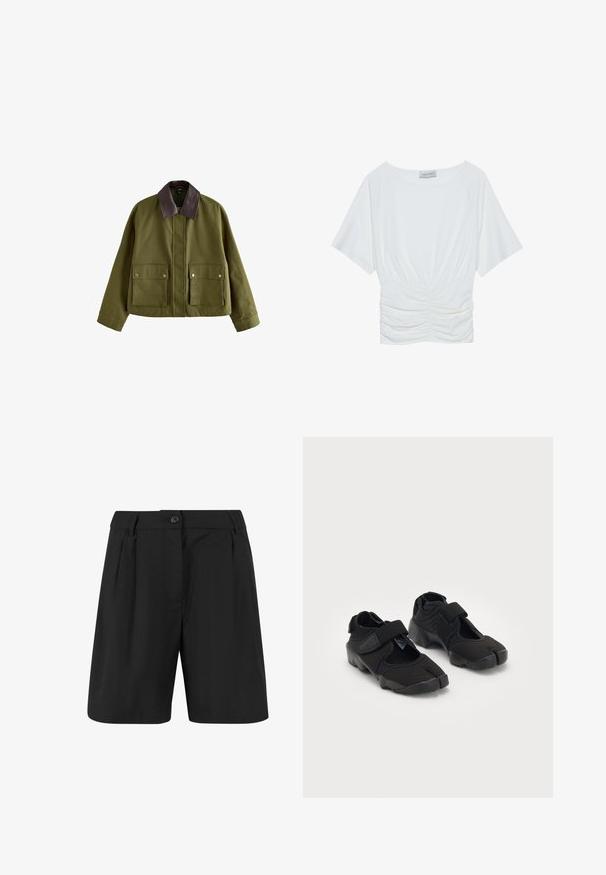 Olivgrüne Jacke mit einem braunen Lederkragen, ausgestattet mit zwei vorderen Taschen, einem Reißverschluss und einer lockeren Passform. Glatte Textur.; Weißes Kurzarmoberteil mit lockerer Passform, das ein gerafftes Design in der Taille und eine glatte Stofftextur aufweist. Marke: Anna Field.; Schwarze Shorts mit einem taillierten Design, ausgestattet mit Bundfalten, flachem Frontbereich und einem einzigen Knopfverschluss. Glatte Stofftextur.; Schwarze Wasserschuhe aus flexiblem Stoff mit einem Klettverschluss, ausgestattet mit einem einzigartigen Zehentrenndesign und einer strukturierten Gummisohle für besseren Halt.