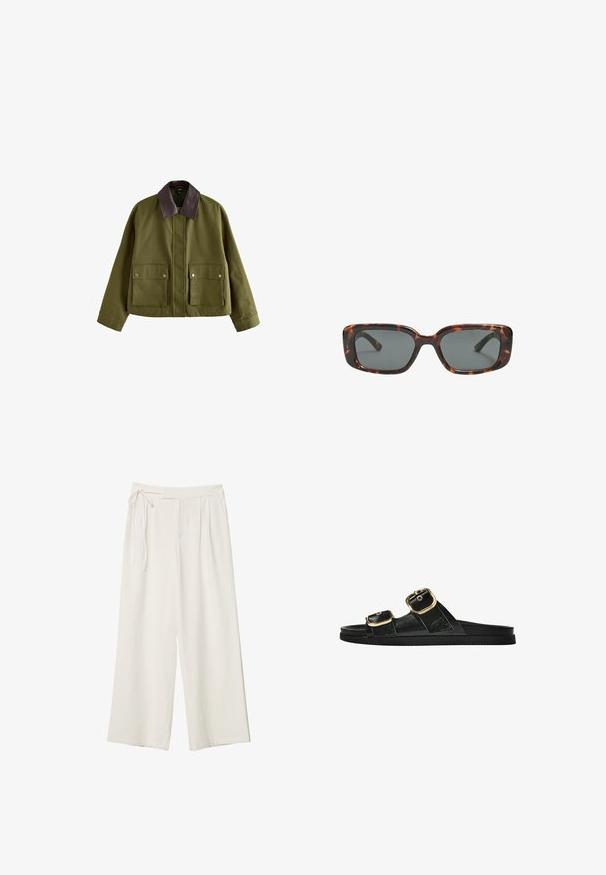 Olivovo zelená bunda s hnedým koženým golierom, obsahujúca dve predné vrecká, zipsové zapínanie a voľný strih. Hladká textúra.; Biela krátka T-shirt s voľným strihom a zlaceným textúrou v oblasti pása. Vyrobená z mäkkého, ľahkého materiálu.; Dlhé nohavice v off-white materiáli s hladkou textúrou. Obsahujú viazaný pás a plisovaný predok, navrhnuté pre voľný strih.; Čierne šľapky s dvoma zlatými prackami, hladký textúrovaný materiál, plochá podrážka a minimalistický dizajn.; Rámiky slnečných okuliarov v štýle korytnačiny s obdĺžnikovými šošovkami, hrubými rámami a tmavými tónovanými šošovkami. Hladký povrch a minimalistický dizajn.