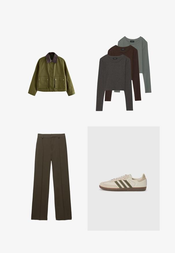 Jachetă verde măsliniu cu guler din piele maro, având două buzunare frontale, închidere cu fermoar și o croială lejeră. Textură netedă.; Even&Odd 3 PACK - Bluză cu mânecă lungă - brown/dark grey /dark green; Pantaloni brown cu picioare largi, cu o textură netedă, având un pliant frontal, fermoar la închidere și bucle pentru curea. Fabricati dintr-un material ușor, țesut.; adidas Originals SAMBA OG UNISEX - Sneakers low - alumina/medium dark khaki/gum