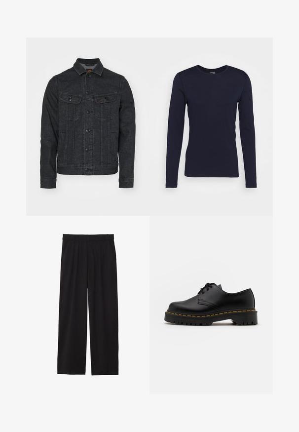 Tamsiai mėlyna džinsinė striukė su apykakle, mygtukų užsegimu priekyje, dviem krūtinės kišenėmis ir kontrastingais siuvinėjimo elementais. Klasikinio dizaino, suteikiančiu struktūrizuotą siluetą.; Ilgų rankovių tamsiai mėlynas marškinėlis, pagamintas iš minkštos medžiagos, su apvaliu iškirpimu ir vientisu dizainu, turintis sustiprintas pečių siūles.; Juodos platėjančios kelnės su pločiu priekiniu raukiniu, šoninėmis kišenėmis ir lygiu audiniu. Sukurtos patogiam prigludimui.; Juoda odinė lakuota avalynė su apvaliu pirštu, tekstūruota gumine padu ir geltona siūlelių apdaila aplink bazę. Lygus dizainas ir glotnus paviršius.