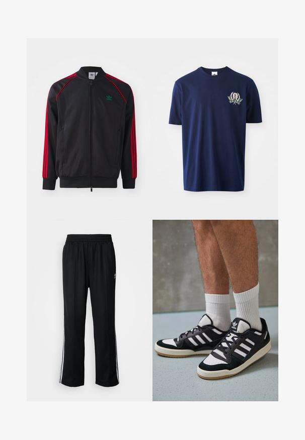 Casaco de track preto com riscas vermelhas, fecho éclair, punhos e bainha canelados, apresentando um pequeno logótipo verde na área do peito esquerdo. Tecido leve.; T-shirt de algodão azul marinho com mangas curtas, gola redonda e logótipo bordado com detalhes de louros no lado esquerdo do peito.; Calças atléticas pretas com um cós elástico, apresentando riscas brancas laterais e um pequeno logótipo. O material parece macio e leve.; Ténis em preto e branco com upper em camurça e couro, apresentando três riscas brancas, um toe perfurado e uma sola em borracha de goma.