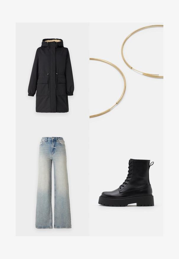 Melns parka jaku ar kažoka odziņu, divām priekšējām kabatām, regulējamu auklu jostu un elastīgām aprocēm. Gluda auduma tekstūra.; Vero Moda VMNEWCREAM FUNNELNECK PULLOVER - Džemperis - black/birch; Gai zilu platā kāja džinsi, kas izgatavoti no denima, ar augstu jostasvietu, piecām kabatām un redzamu dūrienu gar šuvēm.; Melni ādas potītēm zābaki ar apļveida purngalu, auklām priekšpusē un biezu gumijas zoli ar teksturētu protektoru. Velkšanas cilpa aizmugurē.; Zelta krāsas auskari gredzena formā, plāni un apaļi, ar gludu metāla apdari un bez rotājumiem vai zīmējumiem.