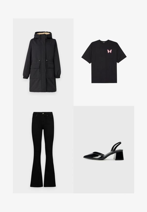 Czarna parka z kapturem wyłożonym futrem, dwoma przednimi kieszeniami, regulowanym paskiem w talii oraz elastycznymi mankietami. Gładka tekstura materiału.; Czarny bawełniany t-shirt z krótkim rękawem, z małym różowym motylkiem na lewej piersi. Klasyczny dekolt z luźnym fasonem.; Czarne, wysokie dżinsy z guzikem i zamkiem błyskawicznym, z przednimi kieszeniami i rozszerzanymi nogawkami, leżące płasko na białym tle.; Czarne lakierowane półbuty na obcasie z wydłużonym noskiem i geometrycznym słupkiem. Charakteryzują się eleganckim, minimalistycznym designem oraz gładką fakturą.