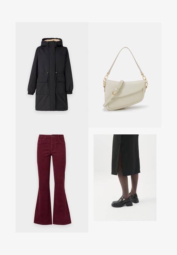 Juodas parko tipo džemperis su kailiniu kapu, dviem priekinių kišenių, reguliuojamu raišteliu juosmenyje ir elastinėmis rankogaliais. Lygus audinio tekstūros paviršius.; Baltas be rankovių marškinėlis, pagamintas iš išklotinės medžiagos, su apvaliu iškirpimu ir prigludusia siluetu, minimaliais siūlais ir be dekoracijų.; Burgundiškos aksominės platėjančios džinsai su penkiomis kišenėmis, priekiniais mygtukais ir tekstūruota medžiaga. Platėjimas prasideda nuo kelio iki apvado.; Juodos odinės bateliai su apvaliu nosiu, stora blokine pakulne ir elastingais šonais, derinami su tamsiomis pėdkelnėmis ir juoda sijonu su plyšiu.; Mažas kreminis rankinukas su tekstūruotu paviršiumi, ilga reguliuojama juostele, grandinėle ir užsegimu su atvartu. Aukso detalės.