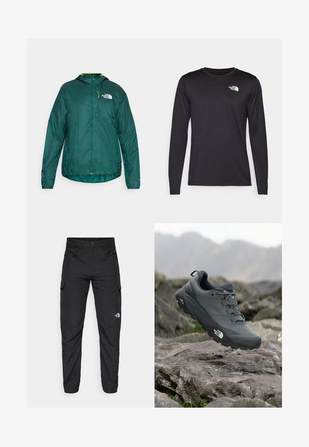 Veste de pluie légère et verte avec fermeture à glissière, capuche ajustable et logo sur la poitrine ; texture lisse avec des manches longues.; T-shirt de performance noir à manches longues en tissu léger, avec un logo blanc sur le haut à gauche de la poitrine. Texture lisse.; The North Face HORIZON PANT - Pantalons outdoor - black; Chaussure de trail running grise avec un dessus texturé, semelle en caoutchouc durable et chaussure renforcée à l'avant. Comprend des lacets et un logo de la marque sur le côté.