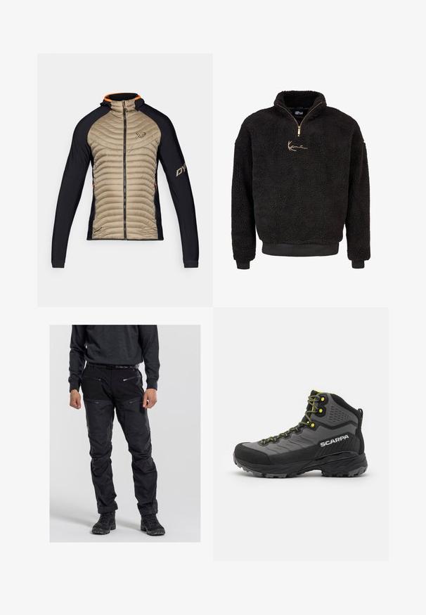 Eristetty takki, jossa on beige, palttinalla ommeltu etuosa ja mustat joustavat paneelit. Takissa on huppu, etuvetoketju ja oranssit yksityiskohdat kauluksessa.; Mustat fleece-neuleet, joissa on puoliveto ja korkea kaulus. Varustettu kultaisella brodeeratulla logolla sekä ribbattuja hihansuita ja helmaa. Pehmeä, karheapintainen pinta.; Mustat ulkoiluhousut, jotka on valmistettu kestävästä kankaasta. Housuissa on useita vetoketjullisia taskuja, teksturoitu pinta ja vahvistetut polviolosuhteet. Housut on yhdistetty tummiin jalkineisiin.; Musta ja harmaa vaelluskenkä, jossa on teksturoitu kangas, kirkkaat keltaiset yksityiskohdat, vahvistettu kärki ja kumipohja, jossa on syvät urat pidon takaamiseksi.