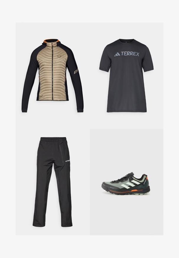 Izolirana jakna s bež, kviltanim prednjim dijelom i crnim elastičnim panelima. Ima kapuljaču, prednji patentni zatvarač i narančaste naglaske na ovratniku.; Crna majica kratkih rukava od lagane tkanine, koja ima svijetlosivu oznaku "TERREX" preko prsa i okrugli izrez.; Crne vodootporne hlače izrađene od laganog materijala, s elastičnom gumom u struku i bočnim džepom na zip. Jednostavan, krojeni dizajn.; Lagana trail trkačka cipela s gornjim dijelom od sive i crne mrežice, narančastim akcentima i robusnom potplatom za prianjanje. Vodootporna Gore-Tex podstava.