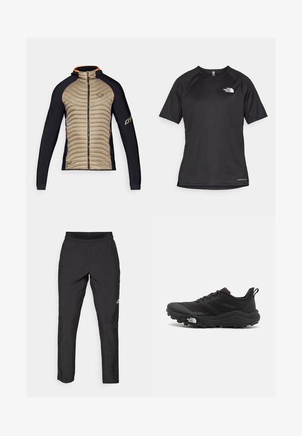 Chaqueta aislante con un frontal acolchado en beige y paneles elásticos en negro. Cuenta con capucha, cremallera delantera y detalles en naranja en el cuello.; Camiseta atlética corta negra de manga corta con una tela texturizada, que presenta un logo blanco en el lado izquierdo del pecho y un dobladillo recto.; Pantalones deportivos negros con cintura elástica, hechos de tela ligera, con un pequeño logo en la parte inferior de la pierna y un diseño de pierna recta.; Zapatilla de trail running negra con upper texturizado, suela de goma y puntera reforzada. Presenta un collar acolchado y una lengüeta para poner y quitar fácilmente.