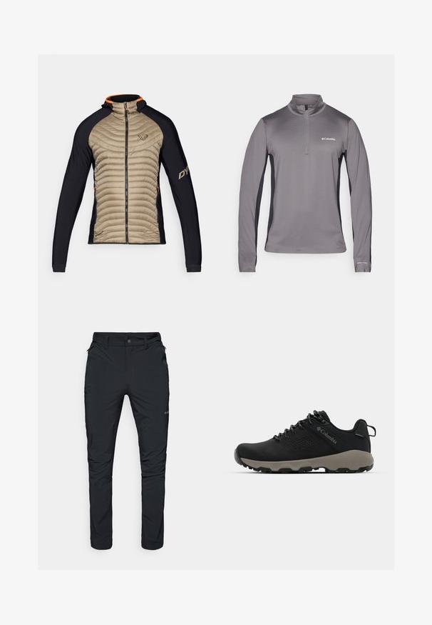 Izolowana kurtka z beżowym, pikowanym przodem i czarnymi elastycznymi wstawkami. Posiada kaptur, zamek błyskawiczny z przodu oraz pomarańczowe akcenty na kołnierzu.; Szary długi sweter z półzamkiem, z teksturowanej tkaniny, kontrastowe czarne panele po bokach oraz małe logo na piersi.; Czarne spodnie outdoorowe o prostym kroju, z kieszeniami na zamek, szlufkami na pasek oraz lekką, trwałą teksturą materiału.; Czarne buty trekkingowe z gładką cholewką, perforowanym wzorem, szarym podeszwą oraz wzmocnionym obcasem. Wyposażone w sznurowadła oraz pętelkę umożliwiającą łatwe zakładanie.