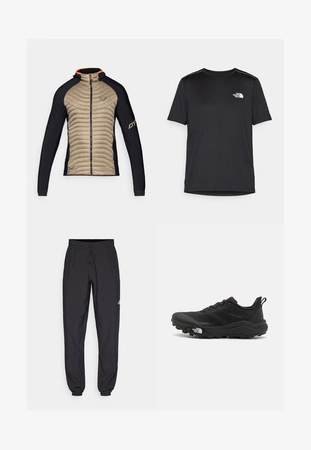 Izolovaná bunda s béžovým prešívaným predným dielom a čiernymi strečovými panelmi. Má kapucňu, predný zips a oranžové akcenty na golieri.; Čierne tričko s krátkym rukávom vyrobené z ľahkej tkaniny. Obsahuje malé biele logo na ľavej hrudi a jemné akcenty na pleciach.; Čierne športové nohavice vyrobené z ľahkej tkaniny, s elastickým pásom na šnurovanie, bočnými vreckami a zúženými manžetami na členkoch.; Čierne trailové behacie topánky s štruktúrovaným zvrškom, gumovou podrážkou a vystuženou špičkou. Obsahuje polstrovaný golier a úchyt na jednoduché obúvanie.