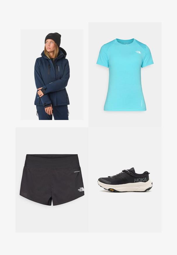 Marineblau isolierte Jacke mit abnehmbarer Kapuze, mit Reißverschlüssen versehenen Taschen und verstellbaren Manschetten. Ausgestattet mit einem eleganten, strapazierfähigen Stoff und einer modernen Passform.; Helles blaues T-Shirt mit kurzen Ärmeln aus weichem Stoff, mit rundem Ausschnitt und einem kleinen weißen Logo oben links.; Schwarze Sportshorts aus strukturiertem Stoff, mit breitem Bund und Seitenlogo-Detail von The North Face. Entworfen für aktive Trageweisen.; Schwarze Sportschuhe mit einem atmungsaktiven Mesh-Obermaterial, Gummisohle, weißem dämpfenden Zwischensohle und reflektierenden Schnürsenkeln. Vibram-Logo auf der Sohle.