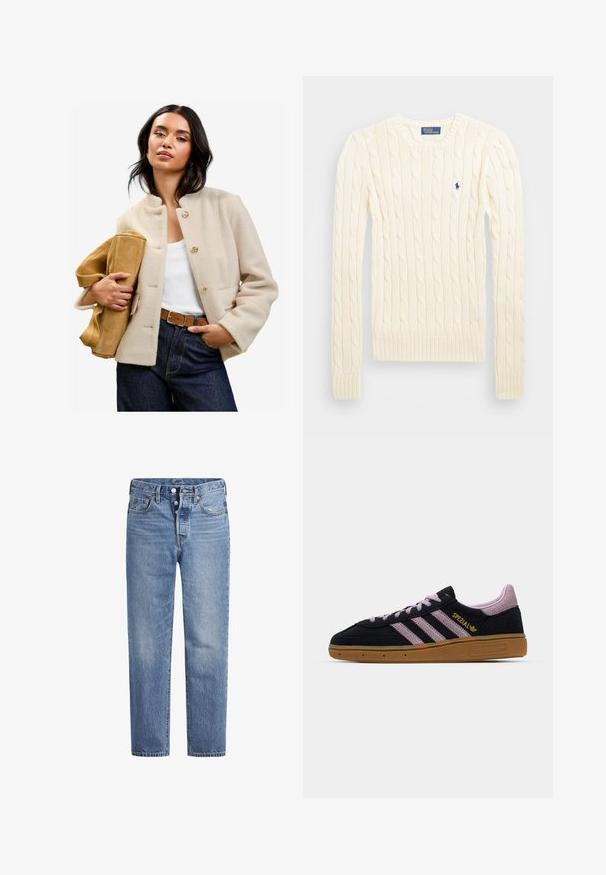 Beige wool-blend jacket with a high collar, gold buttons, and front pockets, paired with a tan suede bag and high-waisted dark denim jeans.; Cream cable-knit sweater with long sleeves, ribbed cuffs and hem, featuring a small embroidered logo on the left chest.; Light blue denim jeans with a straight cut, five-pocket design, and a button fly. Features subtle fading and orange stitching accents.; Black and pink suede sneaker with rubber sole, three pink stripes, golden "SPEZIAL" branding, and textured gum sole. Low-top design.