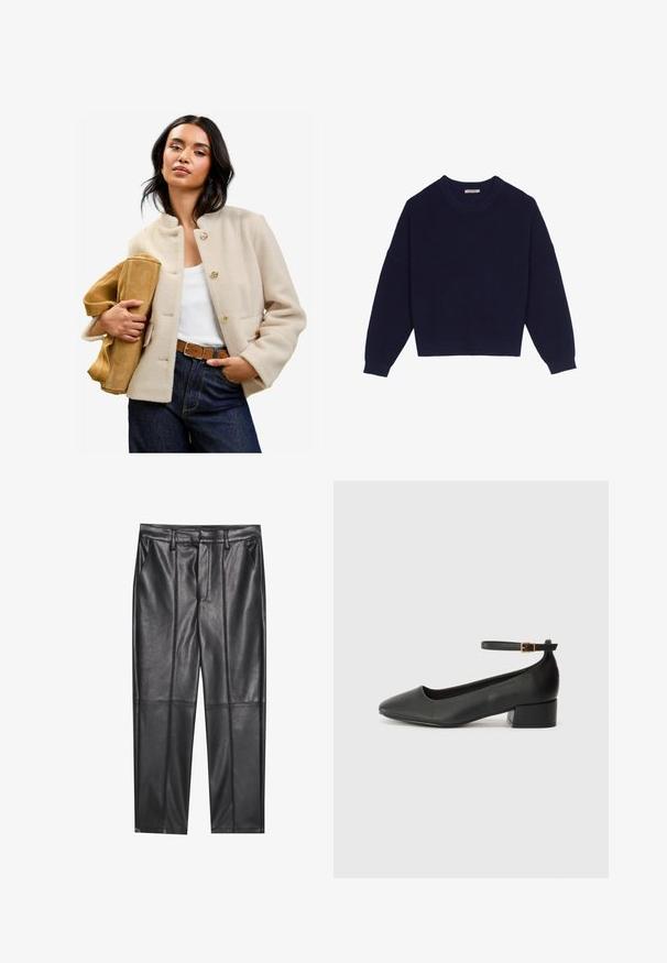 Jachetă din amestec de lână bej cu guler înalt, butoane aurii și buzunare frontale, asortată cu o geantă din suede bej și blugi negri cu talie înaltă.; Pulover tricotat de culoare bleumarin, cu textură ribbed, decolteu rotund, umeri lăsați și tiv scurt. Material moale cu mâneci lungi.; Pantaloni din piele neagră cu o textură netedă, având o croială dreaptă, două buzunare frontale și detalii vizibile ale cusăturilor.; Pantof cu toc negru din piele, cu vârf ascuțit și toc mic pătrat. Dispune de o curea la gleznă cu o cataramă în tonuri de aur. Textură netedă.