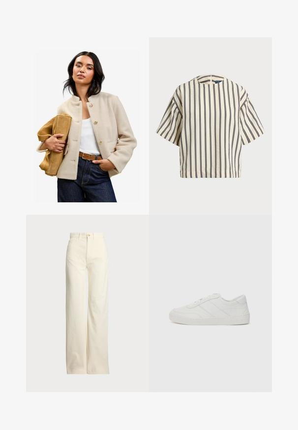 Béžová vlnená bunda z kombinácie materiálov s vysokým golierom, zlatými gombíkmi a prednými vreckami, doplnená svetlohnedou semišovou taškou a tmavými džínsami s vysokým pásom.; Krátky rukáv, pruhovaný top v krémovej a námorníckej modrej farbe, s okrúhlym výstrihom a štvorcovým strihom z texturovanej tkaniny.; Polo Ralph Lauren COTTON CORDUROY WIDE-LEG PANT - Nohavice - warm white; Biele kožené tenisky s plochými šnúrkami, zaoblenou špičkou a jemnými detailami stehmi. Majú štruktúrovanú podrážku a embosované logo značky na päte.