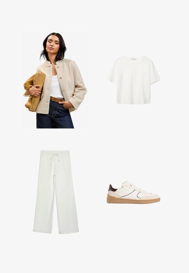 Beige villa-sekoitettu takki, jossa on korkea kaulus, kultaiset nappikiinnitykset ja etutaskut, yhdistettynä vaaleanruskeaan mokkasiinilaukkuun sekä korkeavyötäröisiin tummiin farkkuihin.; Valkoinen lyhythihainen T-paita, joka on tehty puuvillasta. Siinä on pyöreä kaula-aukko ja rento malli. Silkkinen pinta ilman näkyviä kuvioita tai koristeita.; Valkoiset leveälahkeiset housut pehmeästä kankaasta. Varustettu joustavalla vyötäröllä ja nyörillä sekä sileällä pinnalla. Ei näkyviä kuvioita tai tarvikkeita.; Stradivarius Matalavartiset tennarit - white