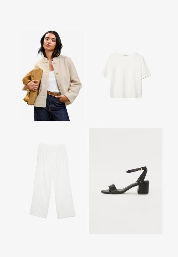 Beige villa-sekoitettu takki, jossa on korkea kaulus, kultaiset nappikiinnitykset ja etutaskut, yhdistettynä vaaleanruskeaan mokkasiinilaukkuun sekä korkeavyötäröisiin tummiin farkkuihin.; Valkoinen lyhythihainen T-paita, joka on tehty puuvillasta. Siinä on pyöreä kaula-aukko ja rento malli. Silkkinen pinta ilman näkyviä kuvioita tai koristeita.; Valkoiset leveälahkeiset housut, joissa on sileä rakenne, etutaskut ja klassinen vyötärö vyölenkeillä.; Mustat korkokenkä-sandaalit, joissa on sileä nahkapinta, avoin varvas, leveät etuvarteen strapit ja säädettävä nilkkastrap, jossa on kultainen solkiyksityiskohta.