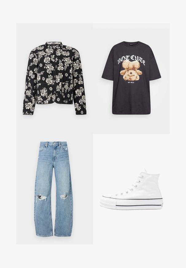 Padded črna jakna z belim cvetličnim vzorcem, okroglo izrezom in dvema sprednjima žepoma, zaključena s kontrastnimi robovi in zaponkami.; Črna oversized majica s kratkimi rokavi, na kateri je grafika medveda z besedilom „NI SRČKAN VKLJUČNO Z DIVJIM“ v poudarjenem belem tisku. Material: bombaž.; Svijetloplave traperice visoki struk. Imaju široke nogavice, dva poderana područja na koljenima i klasičan petotoksi stil.; Beli visoki platneni športni čevelj z črnim gumijastim podplatom, sprednjim gumijastim zaščitnikom za prste in šestimi luknjicami za vezalke, ki se ponaša s preprostim, minimalističnim dizajnom.