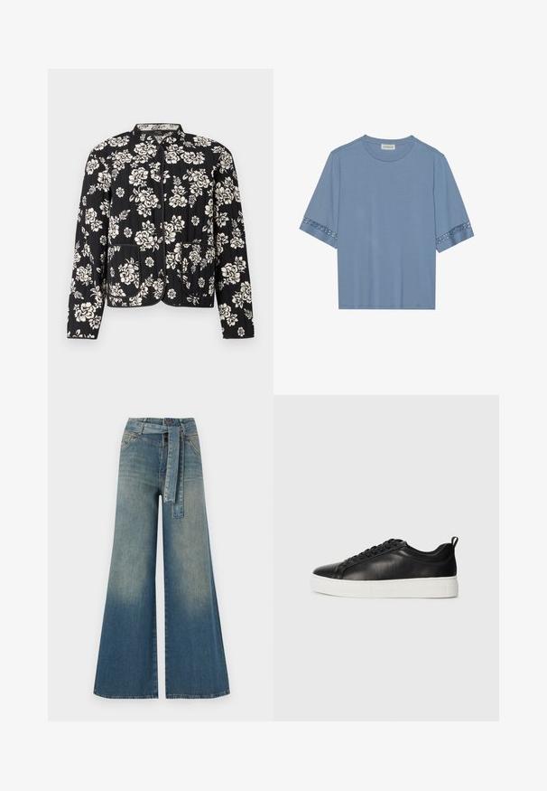 Quilted schwarze Jacke mit weißem Blumenmuster, rundem Ausschnitt und zwei vorderen Taschen, veredelt mit kontrastierendem Besatz und Druckknopfverschlüssen.; Hellblaues T-Shirt mit kurzen Ärmeln und Spitzenverzierungen an den Bündchen, aus weichem Material, Rundhalsausschnitt, lässige Passform und ohne sichtbare Logos oder Muster.; Weit geschnittene Denim-Hosen mit einem Farbverlauf von hellblau zu dunkelblau, hoher Taille, Gürtelschlaufen und einem passenden Stoffgürtel. Strukturierte Denim-Oberfläche.; Schwarze Ledersneaker mit glatter Oberfläche, weißer Gummisohle, runder Spitze und Schnürdesign. Verfügt über eine Schlaufe an der Ferse.