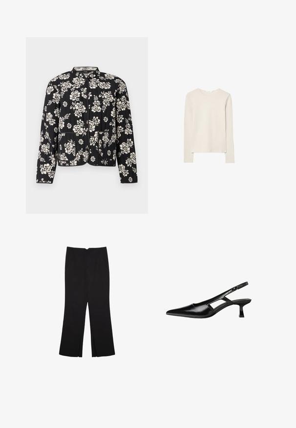 Kvalitetna crna jakna s bijelim cvjetnim uzorkom, okrugli izrez, s dva prednja džepa, završena s kontrastnim obrubom i kopčama na dugmad.; Svijetlo bež majica dugih rukava napravljena od mekanog materijala, s okruglim izrezom i opuštenim krojem s ravnim rubom i minimalnim detaljima šivanja.; Crne hlače ravnog kroja, s prednjim džepovima i bočnim prorezima na rubu. Izrađene od mekog i glatkog materijala. Pogodne za razne prigode.; Crne lakirane natikače na remenčić sa špicastim nosom, dizajnom sa izrezima sa strane i malim kvadratnim potplatom. Glatka tekstura s minimalnim akcentima.