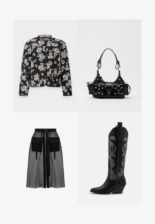 Jachetă neagră matlasată cu model floral alb, guler rotund și două buzunare frontale, finisată cu detalii contrastante și închideri cu capse.; Top cropt de culoare neagră, cu textură rib-altă, guler rotund și fără mâneci. Fabricat dintr-un material elastic, texturat. Eticheta indică "Urban Classics."; Fustă neagră transparentă cu un talie plisată, având două buzunare mari în față, un cordon pentru talie și un accent metalic circular.; Bocanci de cowboy din piele neagră, cu vârfuri ascuțite, toc wedge și modele florale brodate cu fir argintiu de-a lungul tijei. Cusături în contrast pe întreaga suprafață.; Geantă de piele neagră cu un design curbat, dotată cu studuri argintii, o cataramă și două buzunare laterale. Curea ajustabilă pentru opțiuni de transport.