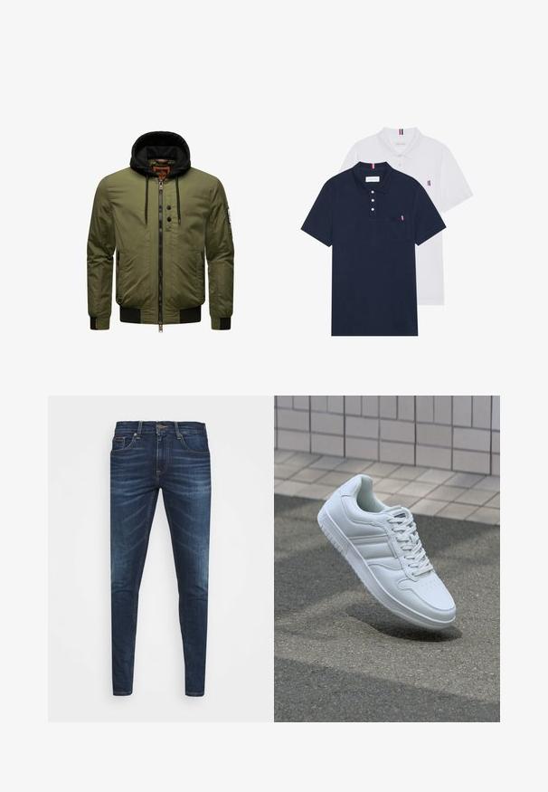 Olíva zöld bomber dzseki, cipzáros elülső résszel, fekete kapucnis pulcsi, bordás mandzsettákkal és aljjal, valamint két oldalsó zsebbel. A bal karján folt található.; Két pólóing: az egyik sötétkék, a másik fehér, mindkettőn kicsi piros, fehér és kék díszítés található a mellzsebből és a galléron.; Sötétkék farmernadrág, testhezálló fazonnal, finom áttűnéssel, öt zsebbel és fémből készült gombzárral. Kontrasztos színű varrási díszítések.; Fehér sportcipő sima bőr felsőrésszel, fűzős elülettel, perforált orral és mintázott talppal. Minimalista dizájn három oldalsávval.