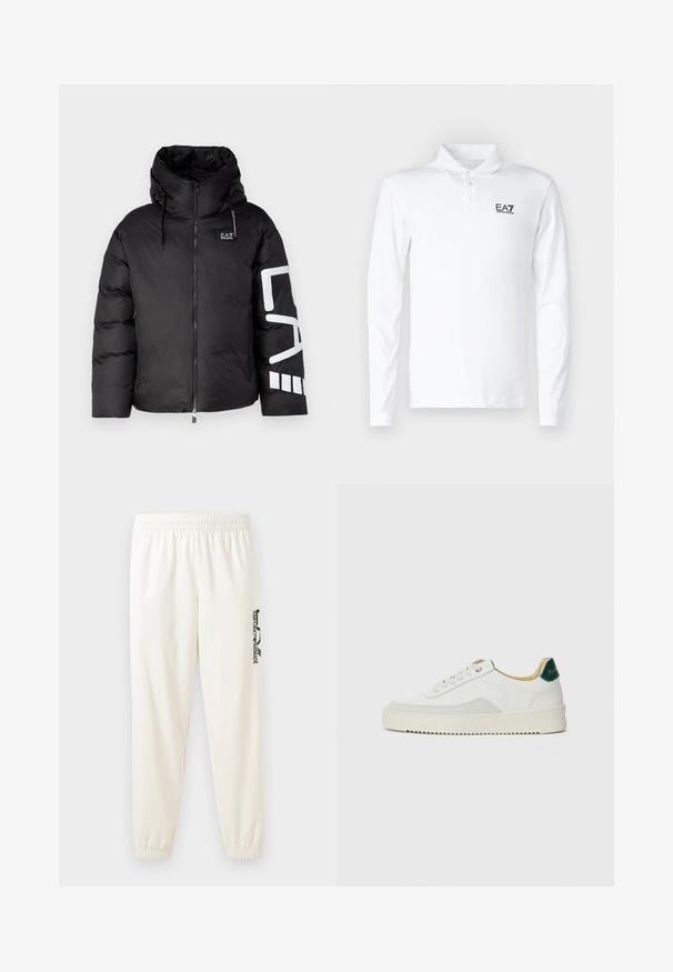 Svart puffjacka med hög krage, dragkedja fram och överdimensionerad huva. Har en vit logotyp på vänster arm och kviltad textur.; Vit långärmad polo skjorta i bomull, med klassisk krage, tre knappar och en svart EA7-logotyp på bröstet.; Ljusbeige sweatpants med elastiskt midjeband och elastiska muddar. Har en svart tryckt logotyp på vänster ben. Mjuk tygkvalitet.; Vit sneaker med mockadetaljer, rund tå, platta snören och en krämfärgad gummisula. Har grön branding på hälen.