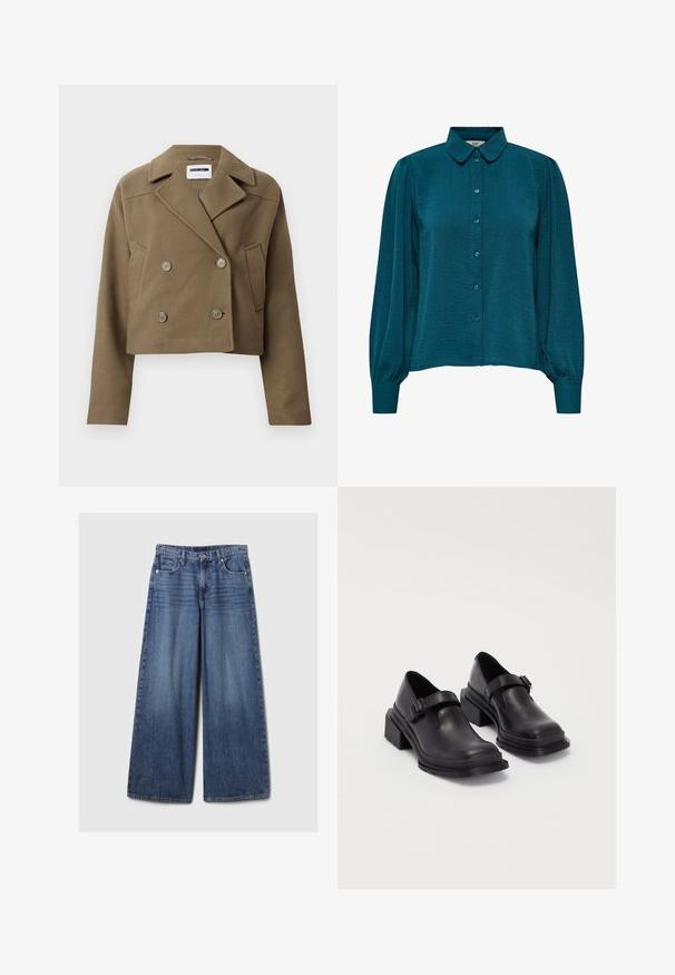 Olajzöld, félbevágott, dupla soros zakó, textúrált anyagból készült. Nagy gombokkal és hegyes gallérral rendelkezik, oldalsó zsebekkel.; Türkiz blúz, galléros nyakkivágással, gombos elöléttel és hosszú ujjakkal. Texturált anyagból készült, összegyűrt mandzsettákkal.; Széles lábú kék farmernadrág elhalványodott felülettel, gombos és cipzáras záródással, öt zsebbel és övhurkokkal.; Fekete bőr cipők lekerekített orral, lapos talppal és csattal díszített pánttal. Masszív blokk talp a megnövelt stabilitásért.