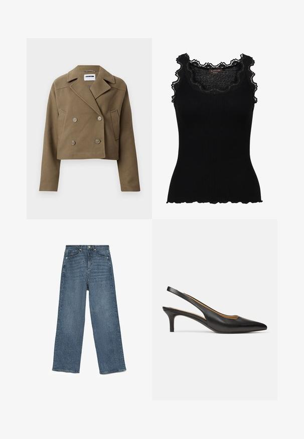 Forkortet dobbeltrækkerjakke i olivengrønt, lavet af tekstureret stof. Har store knapper og en spids krave samt sidelommer.; Sort ribbet tanktop med blonder trim ved halsudskæringen og ærmegabene. Har en tætsiddende design og bølgede kanter for ekstra tekstur.; Blå denim vide bukser med et struktureret mønster, fem-lomme design, metalknaplukning og stikninger, der udviser en afslappet pasform.; Sort læder slingback-pumps med spids tå og lav kitten-hæl, vist fra siden på en ens hvid baggrund.